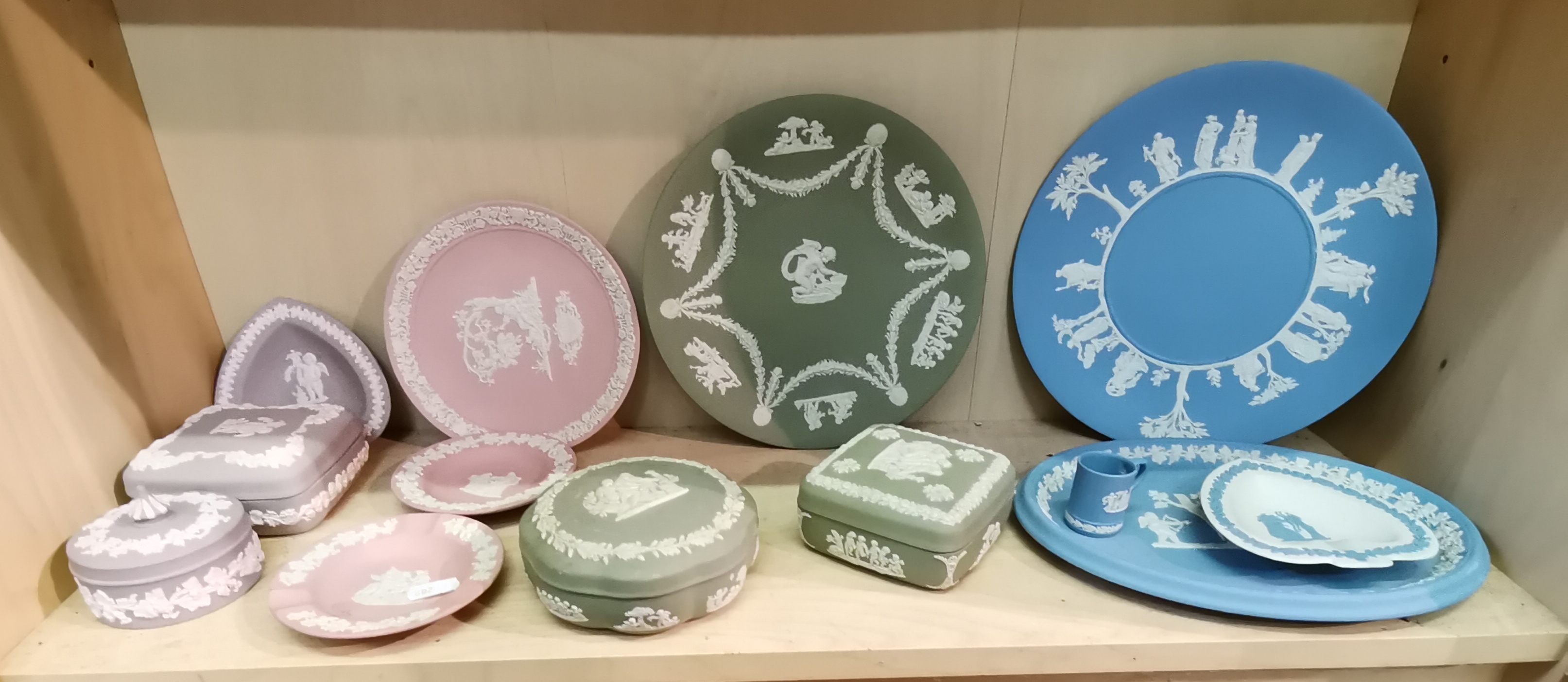 Wedgwood Jasperware pieces in green, blue and pale pink