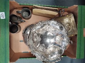 1 box plated items and pewter cups