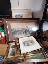 Antique framed mirror plus framed pictures, etchings, hunting scenes etc