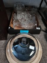 Box of cut glass items and cheeseboard with glass dome - vase, wine glasses, Rose bowl vase etc