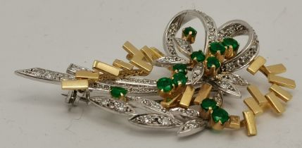 Late twentieth century emerald and diamond spray brooch hallmarked 18ct and white gold, dated 1990.