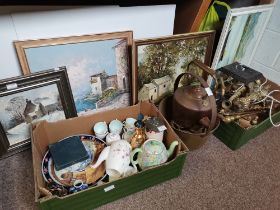 4 Paintings, a Quantity of Brassware Jam Pan etc Plus some Ceramics