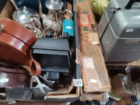 3 x vintage cases, planter, Bell & Howell Moviemaster & screen plus box of misc items