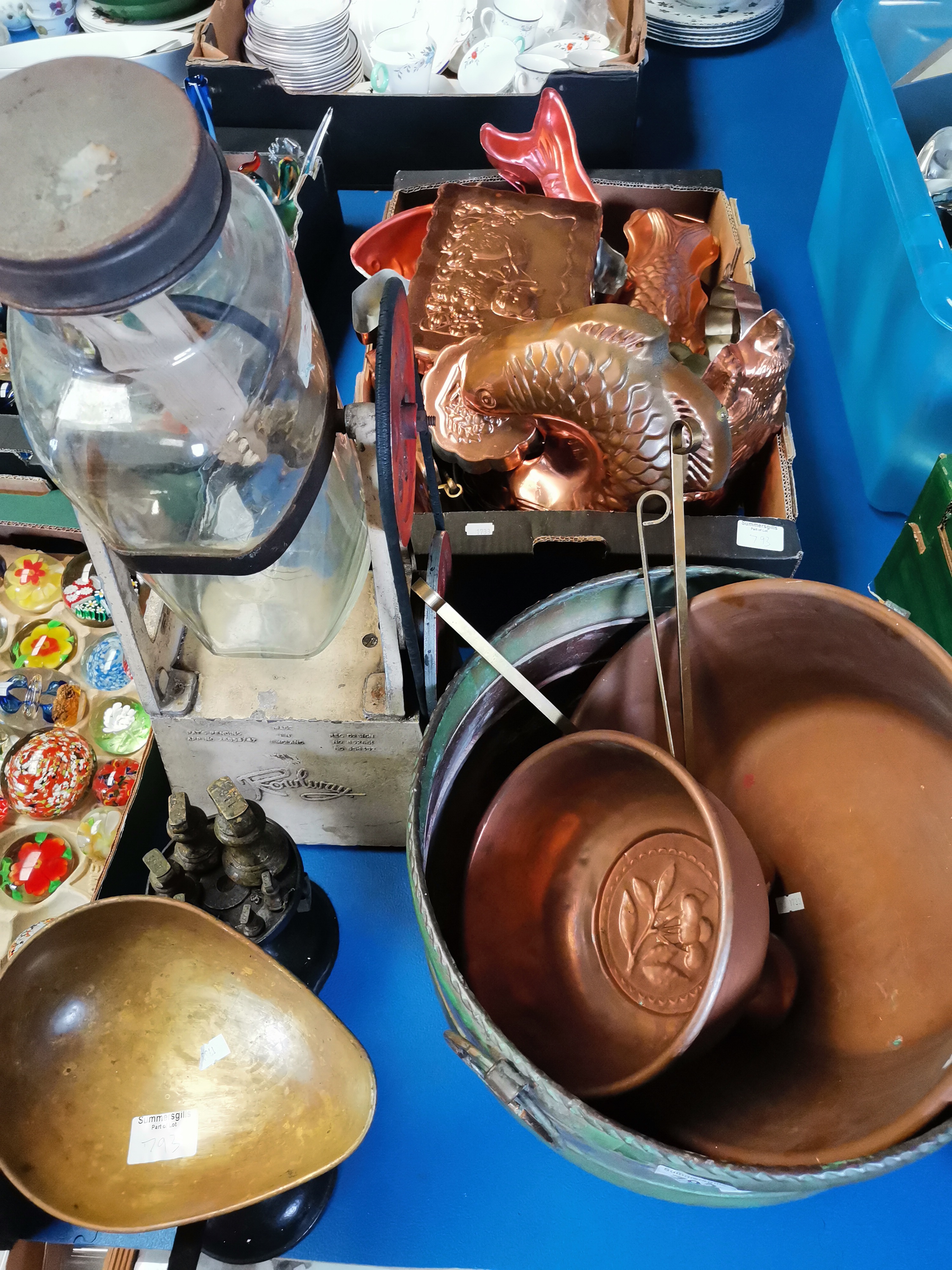 A Large Quantity of Loose Copperware, A Set of Scales, A Box of Copper Moulds and a "Rowlway" Machin