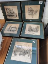 5 x framed pencil drawings by Marjorie C Bates (1882 - 1962) English buildings from Novels