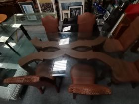 A stunning glass Mondales dining table 2m x 1.1m plus 6 high backed leather chairs and console table