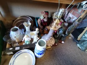 Collection of misc. items incl teddy bears, lady figures, pictures basket etc