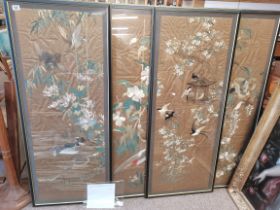 Four Japanese silk screen panels, framed