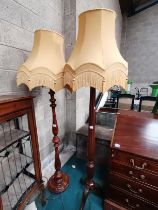 x2 vintage carved mahogany standard lamps with matching gold shades