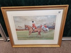 20th Century watercolour, Huntsman, hunt staff and the field
