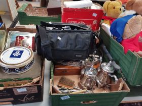 3 x boxes misc. incl Harrods Teddy bears, Paddington, silver plated items, video recorder, tins etc