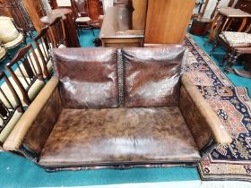 Antique Oak Framed Jacobean style Low brown Leather and brass studded 2 seater sofa