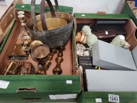 2 x boxes brassware incl jam pans, ceramics, cameras etc