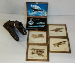 War / aircraft memorabilia - plaques of early 20th Century aircraft, Spitfire set, model of canon,