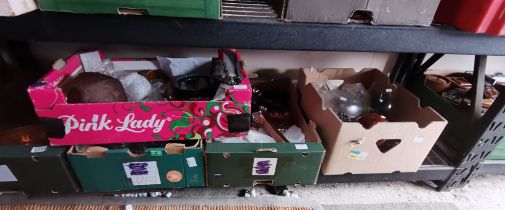 5 x boxes misc. items incl coloured glass, Carnival glass vase etc