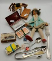 Vintage items incl EPNS tongs, cigarette cards, wooden doll etc