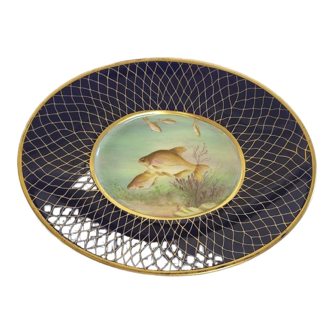 SPODE, ‘BREAN’, A BONE CHINA OVAL CABINET DISH Painted with lake fish, Circa 1900 - 1920, cobalt - Image 4 of 6