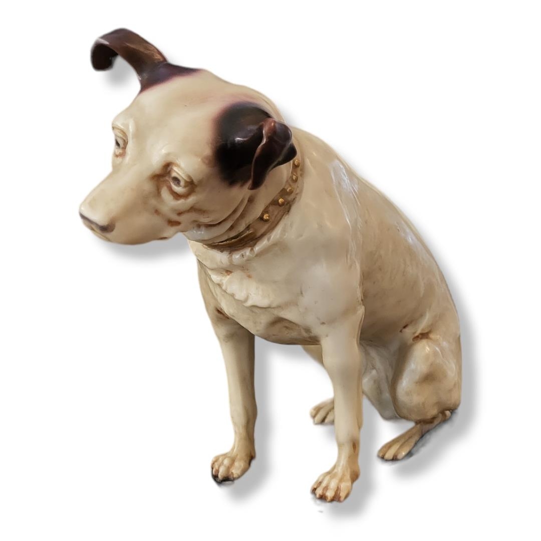 A 20TH CENTURY CERAMIC COMPOSITION MODEL OF NIPPER, THE DOG, HIS MASTER’S VOICE Studded collar,