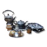 A COLLECTION OF VICTORIAN AND LATER SILVER PLATED WARE Comprising a spirit kettle, teapot, entrèe