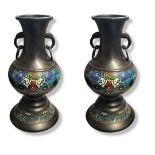 A PAIR OF 19TH CENTURY CHINESE BRONZE AND CLOISONNÉ VASES Having twin elephant mask handles and