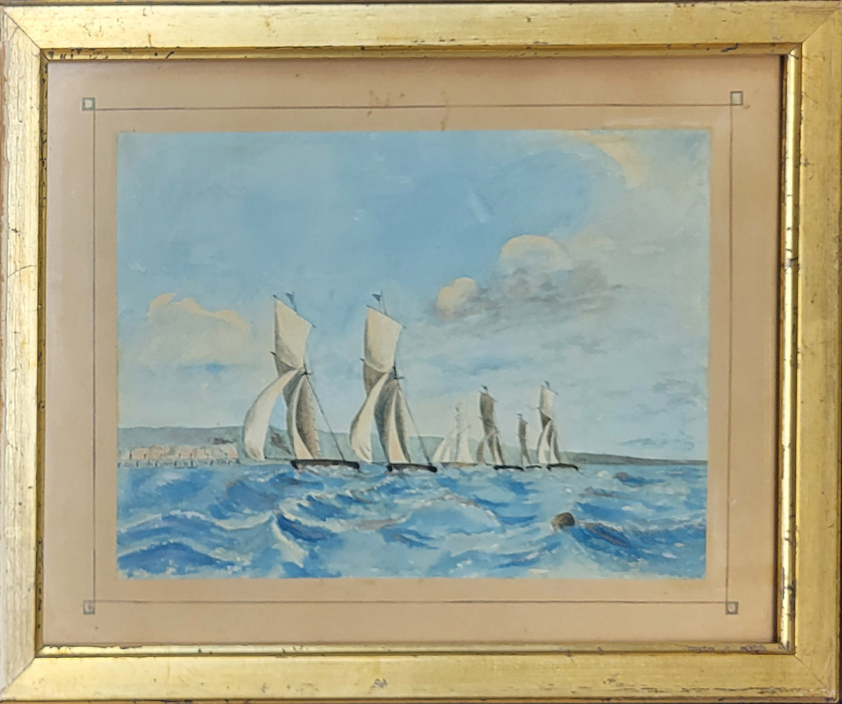 A LATE 19TH/EARLY 20TH CENTURY BRITISH SCHOOL WATERCOLOUR Coastline view, racing boats, unsigned, - Image 2 of 5