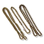 A COLLECTION OF VINTAGE 9CT GOLD JEWELLERY Comprising two rope necklaces and a bracelet. (approx