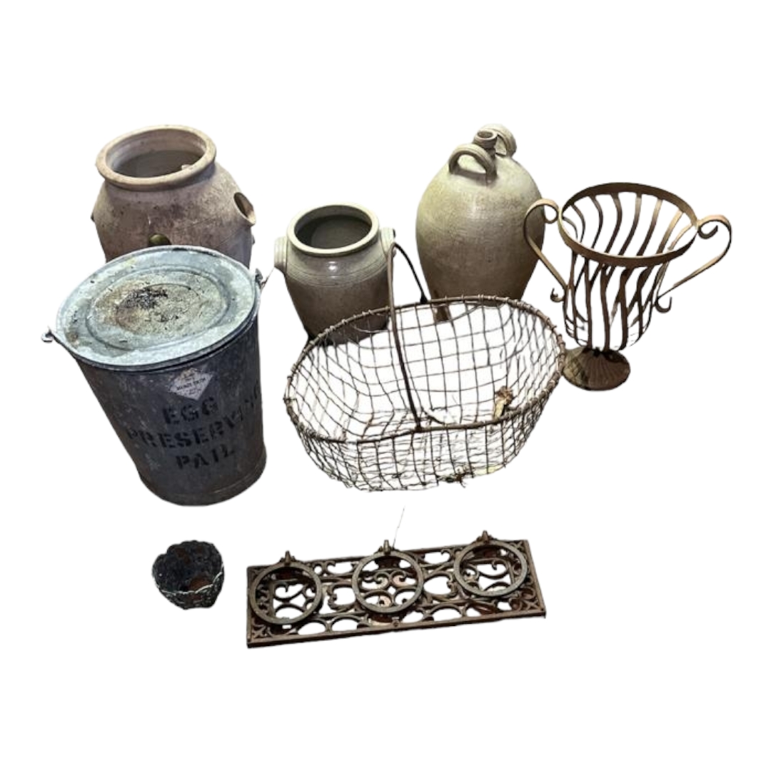 A GALVANIZED EGG PRESERVING PAIL Along with a wirework basket, iron horse rings and three