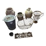 A GALVANIZED EGG PRESERVING PAIL Along with a wirework basket, iron horse rings and three