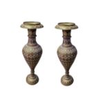 A PAIR OF 20TH CENTURY LARGE INDIAN BRASS AND ENAMEL BALUSTER SHAPED VASES Decorated with