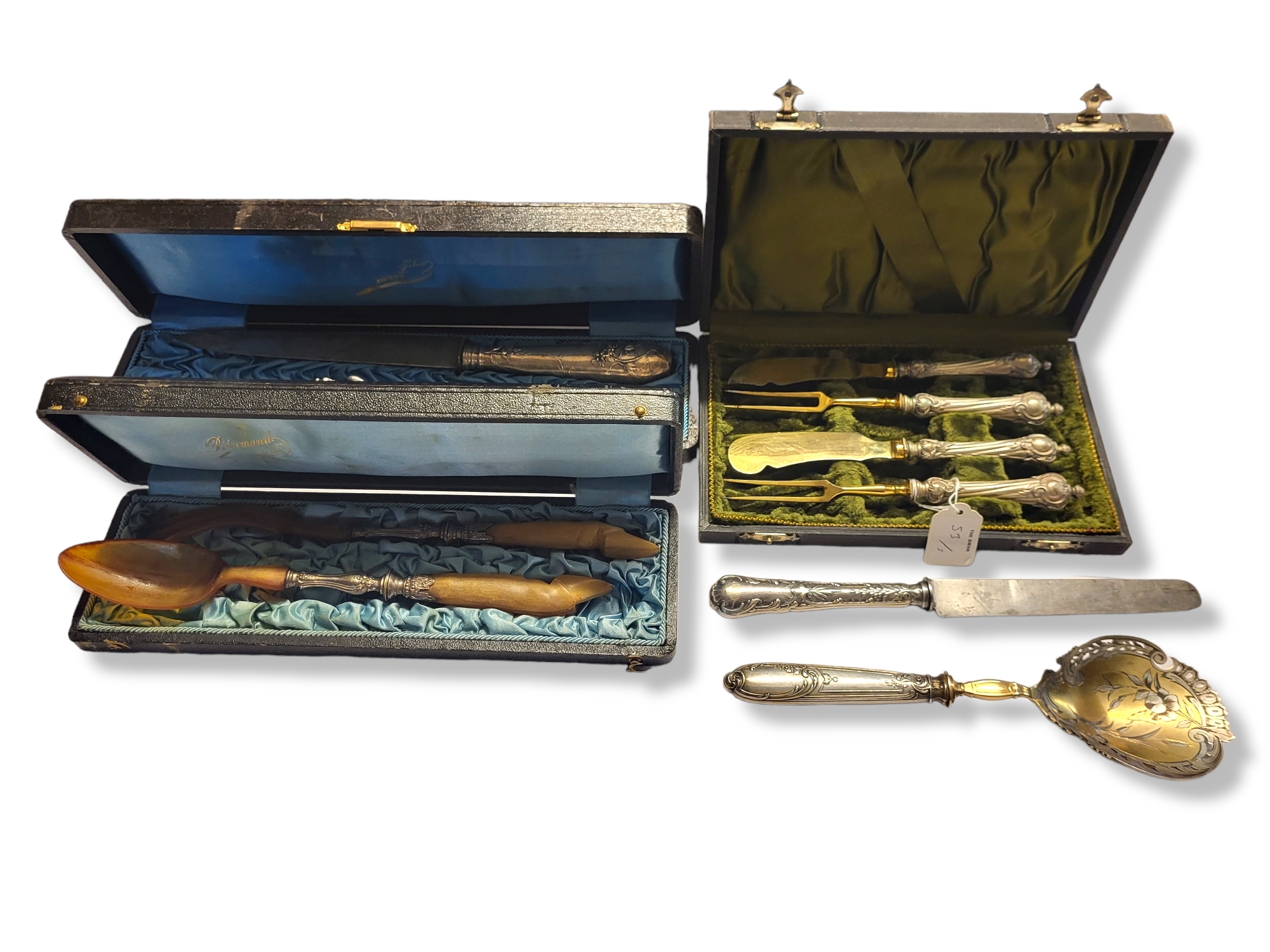 A COLLECTION OF 19TH CENTURY FRENCH SILVER CUTLERY Comprising a carving set with a chimera finial