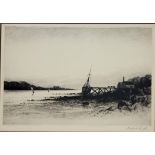 RICHARD SMYTHE, A BLACK AND WHITE MARINE ENGRAVING Sailing ship in a dock, signed in pencil lower