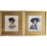 A PAIR OF 19TH CENTURY WATERCOLOURS Portraits of ladies modelling hats, mounted, framed and