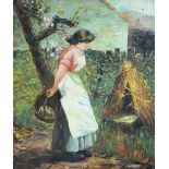 AN EARLY 20TH CENTURY VICTORIAN STYLE ENGLISH SCHOOL OIL ON PANEL, A YOUNG GIRL IN A GARDEN