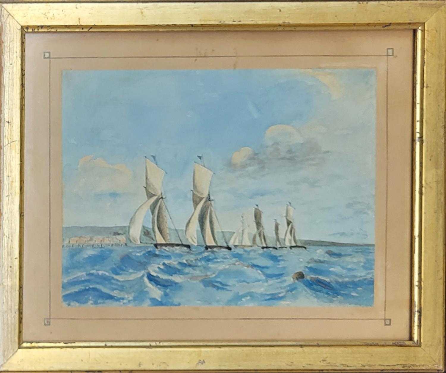 A LATE 19TH/EARLY 20TH CENTURY BRITISH SCHOOL WATERCOLOUR Coastline view, racing boats, unsigned, - Image 3 of 5