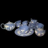 WEDGWOOD, A MID 20TH CENTURY BLUE JASPERWARE NEOCLASSICAL COMPLETE TEA SERVICE FOR SIX, CIRCA