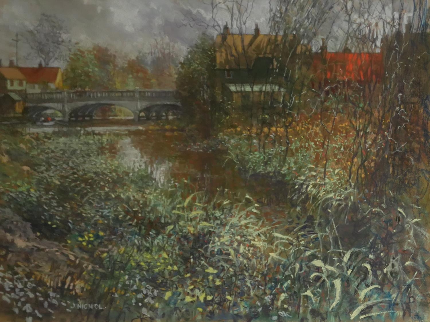 JOHN NICHOL, 20TH CENTURY PASTEL Landscape, river scene with arched bridge, signed lower left,