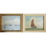 AN ENGLISH EDWARDIAN SCHOOL WATERCOLOUR ON BOARD Sailing boats by Kent coastline, inscribed in