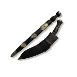 AN EARLY 20TH CENTURY NORTH INDIAN KHANJAR DAGGER Metal ebonised grip, black leather scabbard,