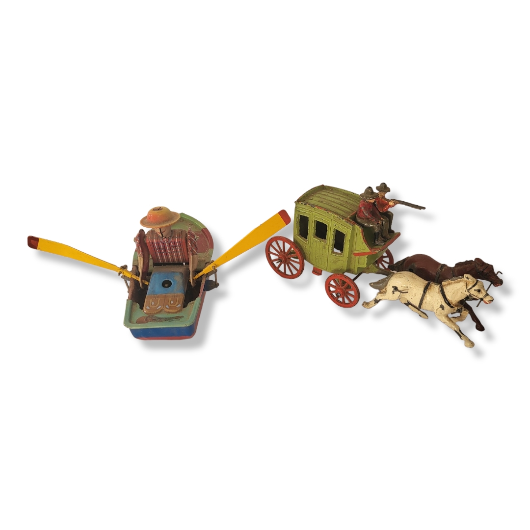 JOHN HILL AND CO., A VINTAGE DIECAST 'WILD WEST STAGECOACH AND HORSES Green livery with two seated