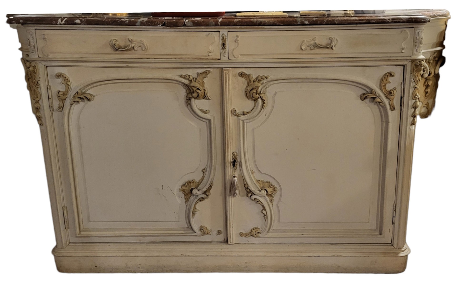 A 19TH CENTURY SERPENTINE ENDED FRENCH DRESSER With rouge marble top above two drawers and cupboards