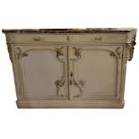 A 19TH CENTURY SERPENTINE ENDED FRENCH DRESSER With rouge marble top above two drawers and cupboards