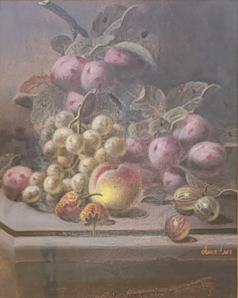 OLIVER CLARE, 1853 - 1927, A PAIR OF OILS ON CARD, Still life studies of fruit, a selection of fruit - Image 3 of 5