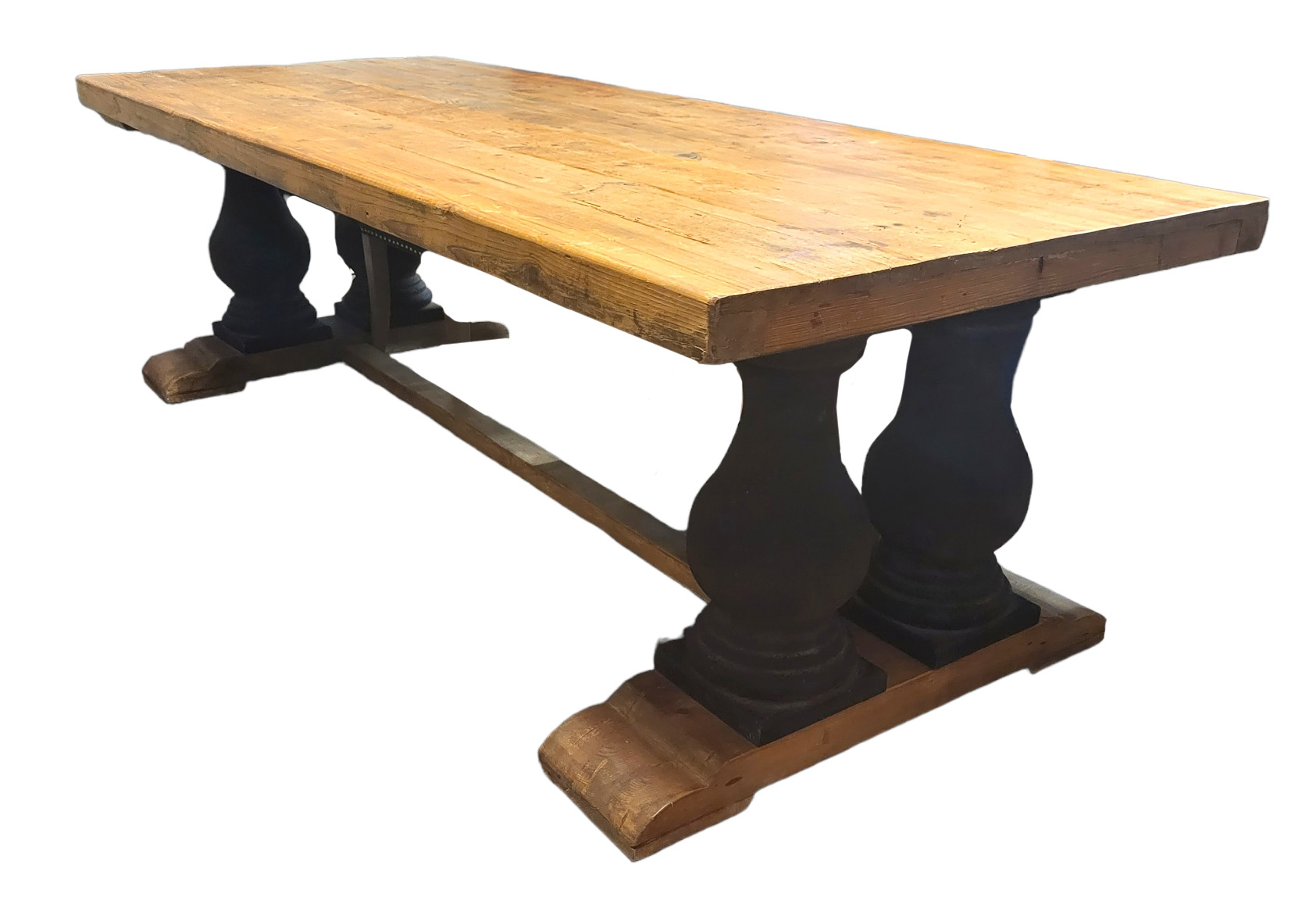 A LARGE PINE REFECTORY TABLE The plank top raised on four heavy faux stone balusters standing on