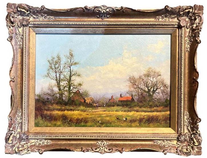 JAMES WRIGHT, BN 1935, OIL ON BOARD Landscape, farmyard scene, figures with chickens, signed lower