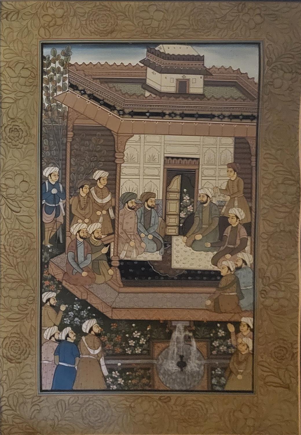 A PERSIAN WATERCOLOUR, LANDSCAPE, TRADITIONAL SCENE, FIGURES IN PERIOD ATTIRE Framed and glazed. (