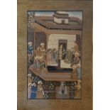 A PERSIAN WATERCOLOUR, LANDSCAPE, TRADITIONAL SCENE, FIGURES IN PERIOD ATTIRE Framed and glazed. (