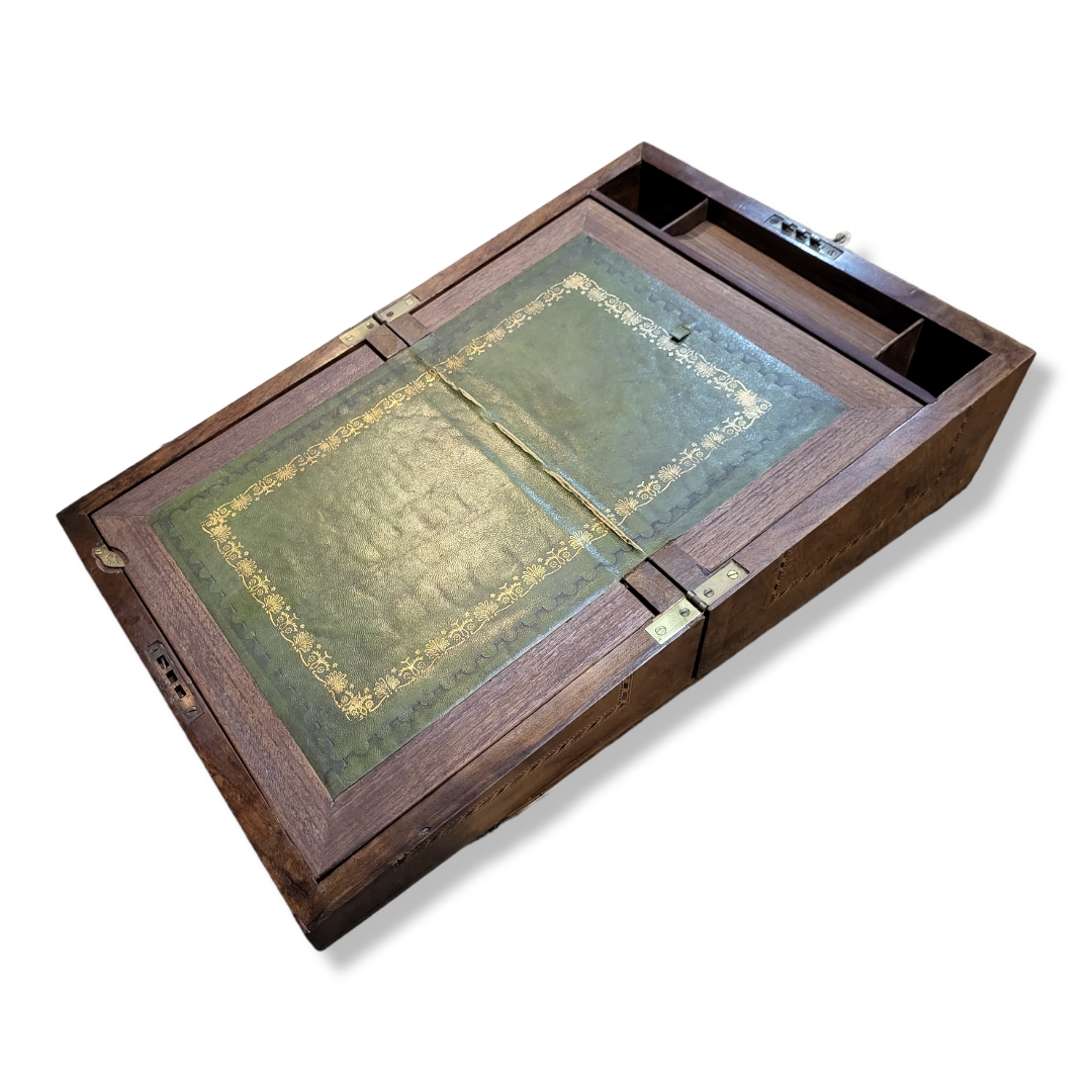 A 19TH CENTURY TUNBRIDGE WARE WRITING SLOPE The walnut case inlaid with a rural landscape to lid, - Image 2 of 5