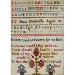 A LATE VICTORIAN ALPHABET AND RELIGIOUS SAMPLER Needlworked in coloured wool on linen, by Jane