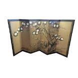 A MID 20TH CENTURY ORIENTAL JAPANESE SIX LEAF LACQUERED SCREEN Centrally painted with blossoming