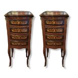 A PAIR OF ITALIAN DESIGN MAHOGANY AND MARQUETRY INLAID PEDESTAL CHEST With four drawers on